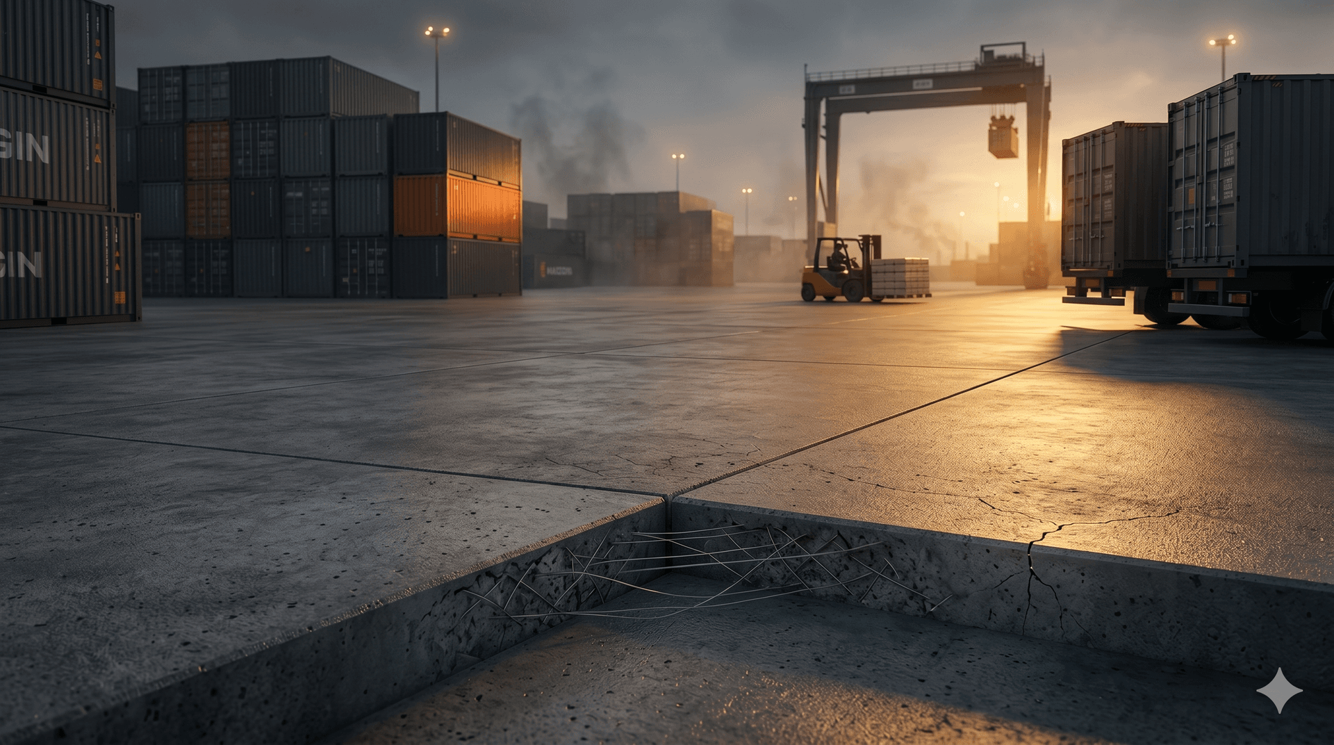 Paved hardstand — logistics yard external concrete slab showing large-area crack control
