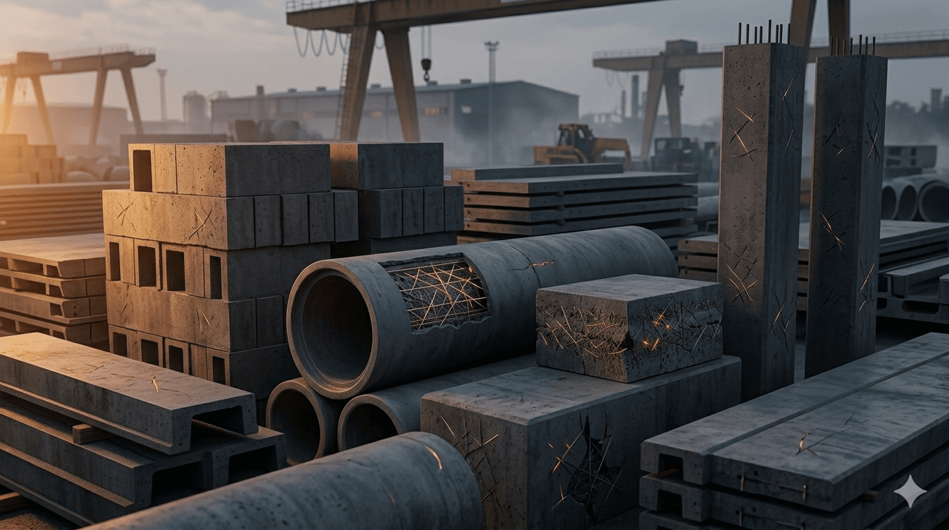 Precast concrete products yard showing quality concrete elements